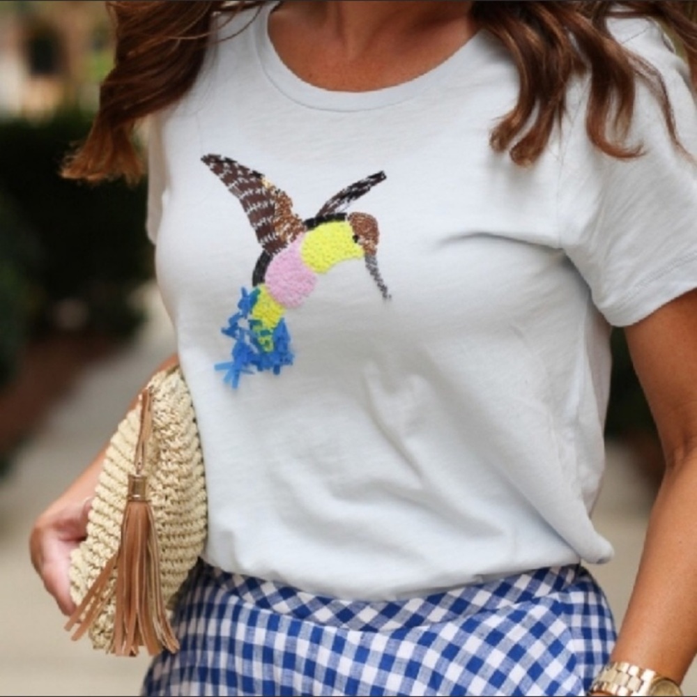 J. Crew Collector Tees - Pale Blue Sequined Hummingbird Tee - Size Small